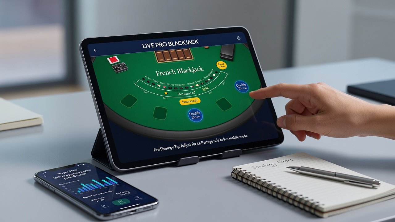 Live mobile blackjack interface displaying French rules and active promotion details during a session